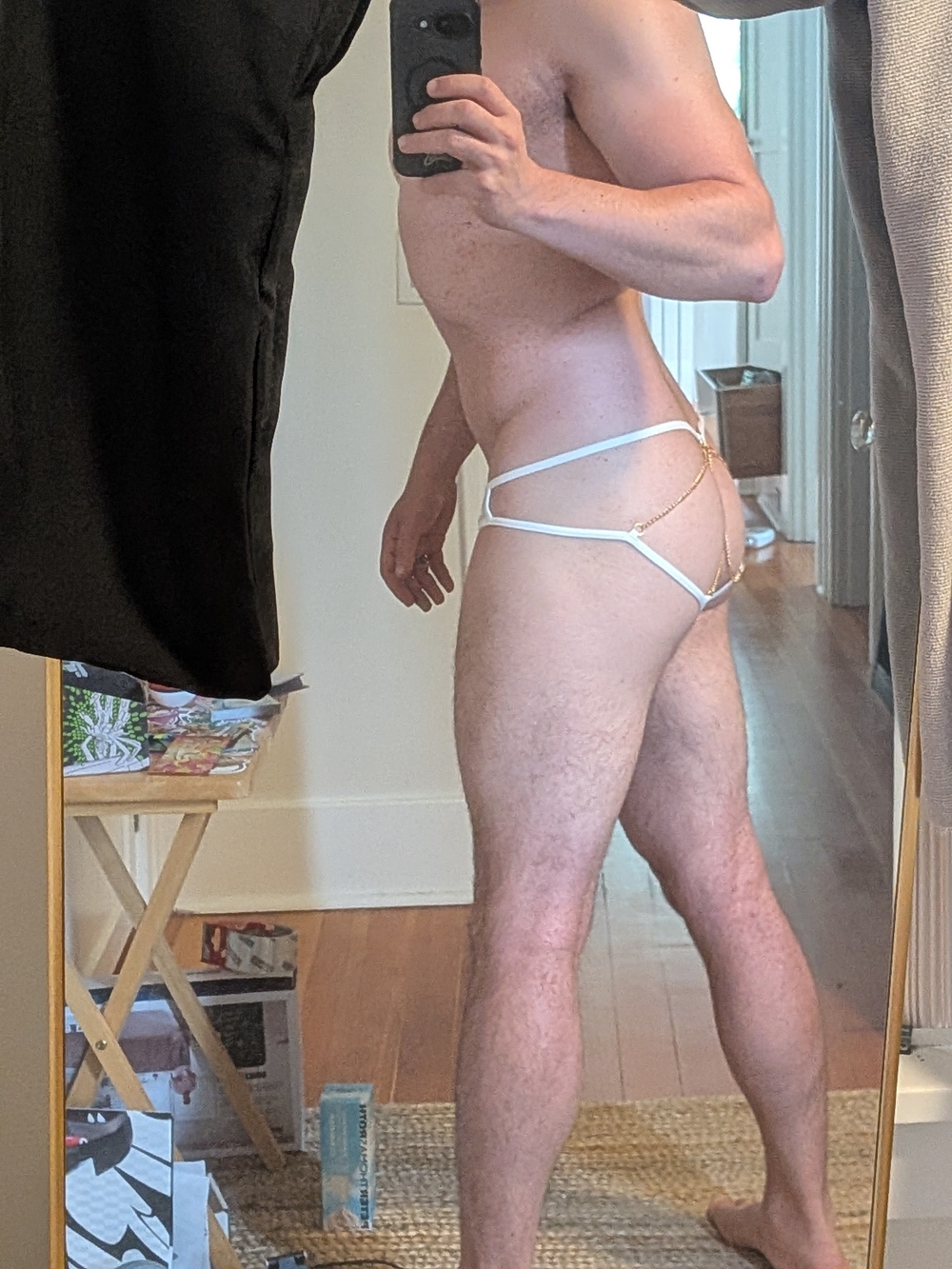 Men's White Sheer Mesh Bikini Brief with Gold Chain Accent - Picture 5 of 5